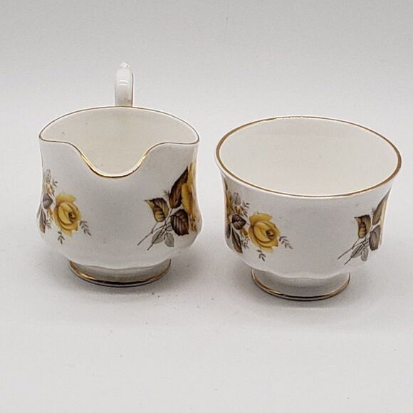 Queen Anne Vintage White Bone China Yellow Roses Ribbed Cream and Sugar Set - Picture 5 of 9